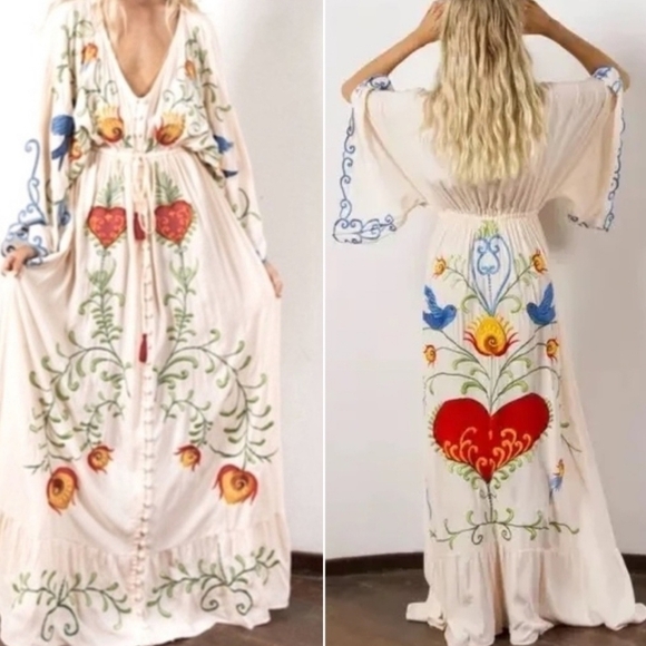 Beige and Red V-Neck Maxi Sundress with Bishop Sleeves - Picture 1 of 16
